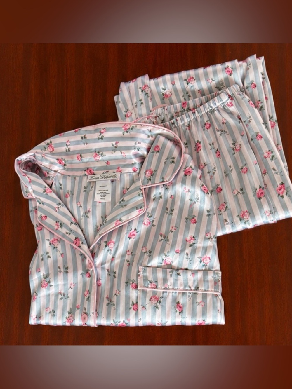 Linea Donatella Pink Striped Floral Satin Pajama Set